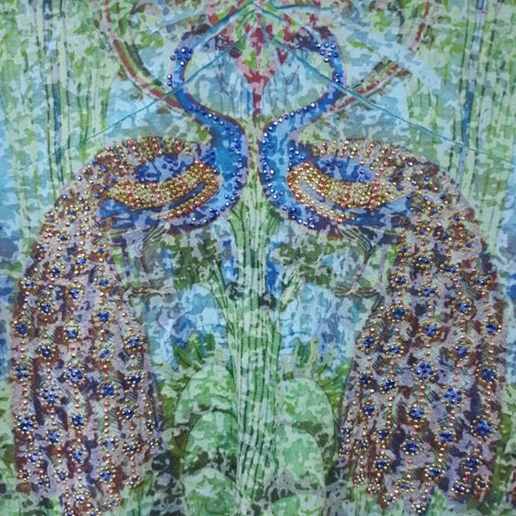 One World Peacock Top Women's Medium Burn Out Shirt Peacock Stud Embellishments - Picture 2 of 7